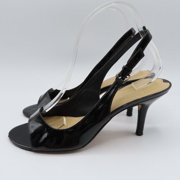 Via Spiga Womens 9 M Black Patent Leather Open Toe Slingback High Heels Buckle - Picture 5 of 12